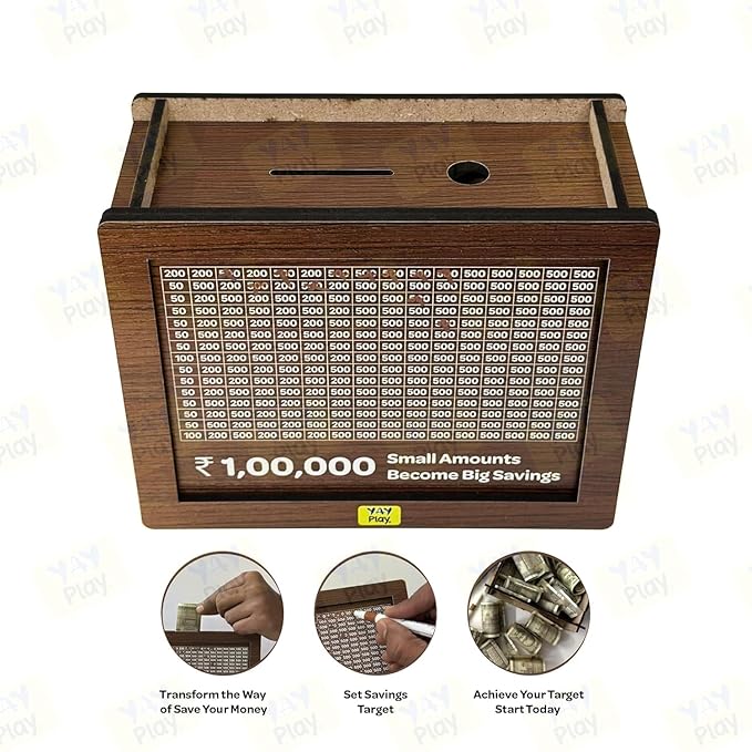 A Wooden Money Bank - ₹1 Lakh Savings Challenge Box