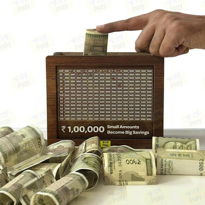 A Wooden Money Bank - ₹1 Lakh Savings Challenge Box